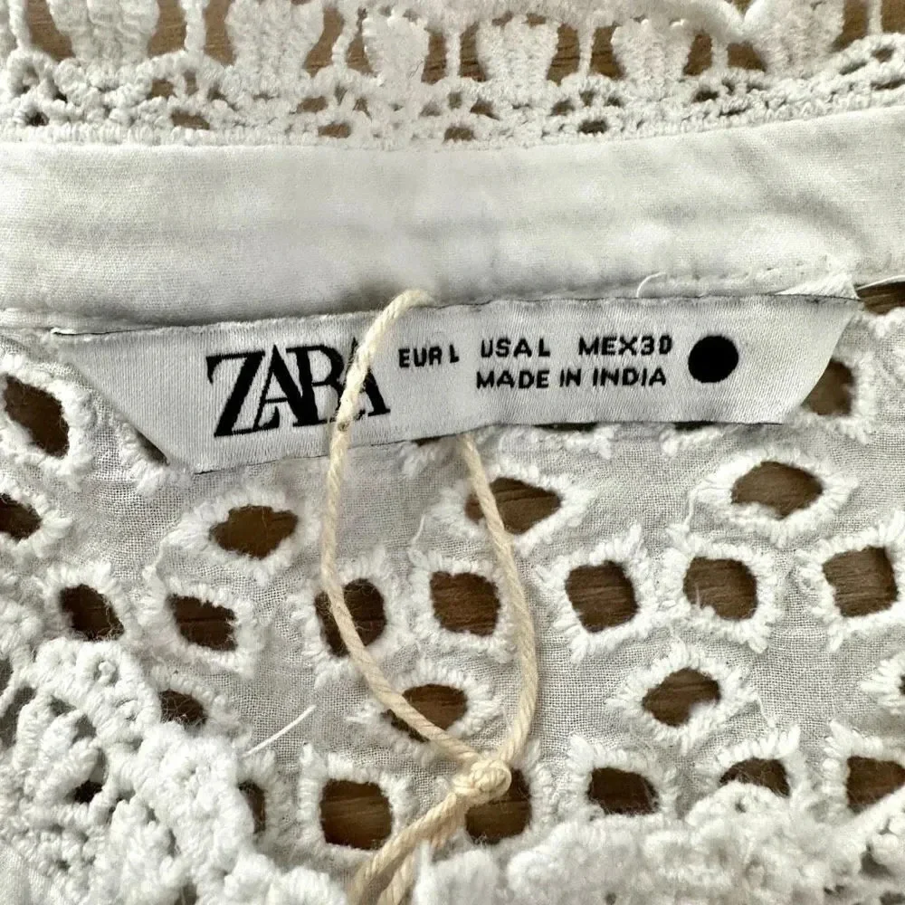 ZARA | White Lace Eyelet Button Up Balloon Sleeve‎ Blouse | Size Large
